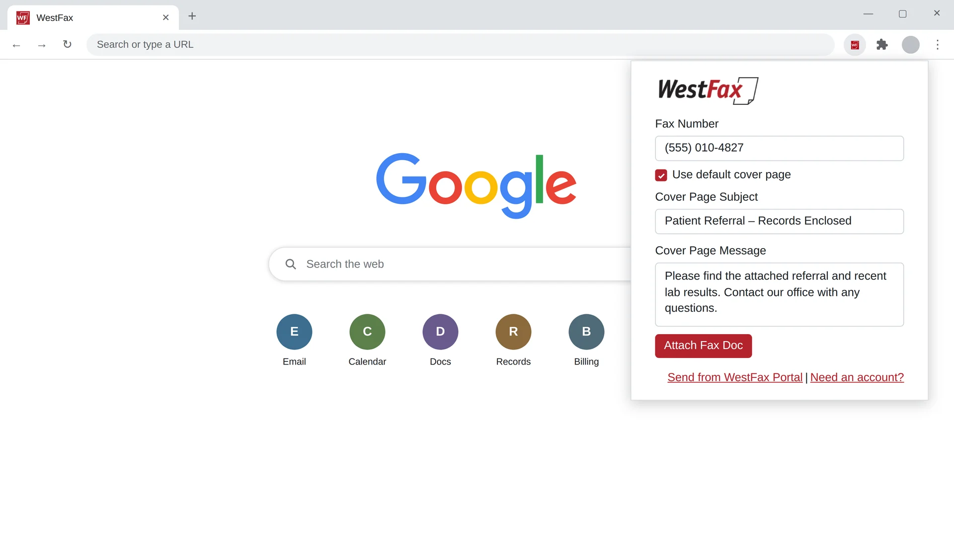The WestFax Email to Fax Chrome extension open in a browser, with fields for fax number, cover page subject and message, and an Attach Fax Doc button