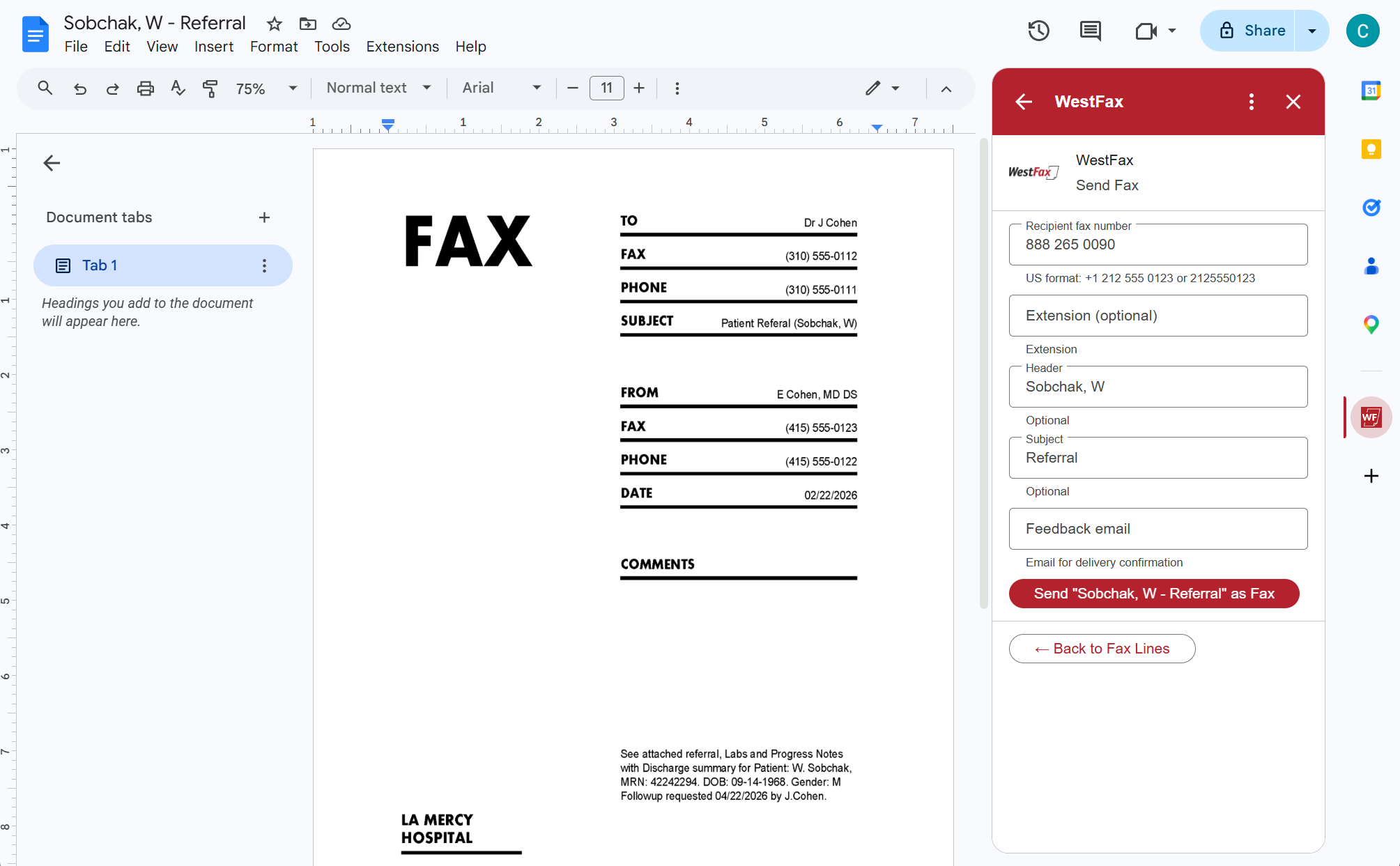 The WestFax Send Fax add-on open in Google Docs, faxing the document on screen — recipient fax number, subject, and a Send as Fax button