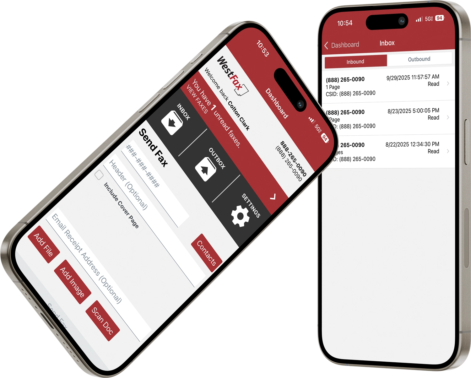 The WestFax mobile app displayed on an iPhone