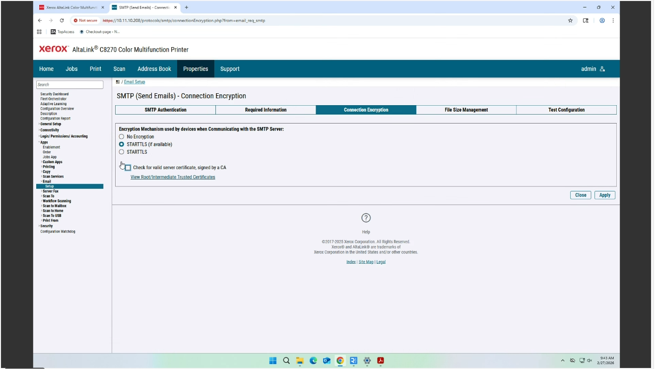 Configure Xerox SMTP encryption