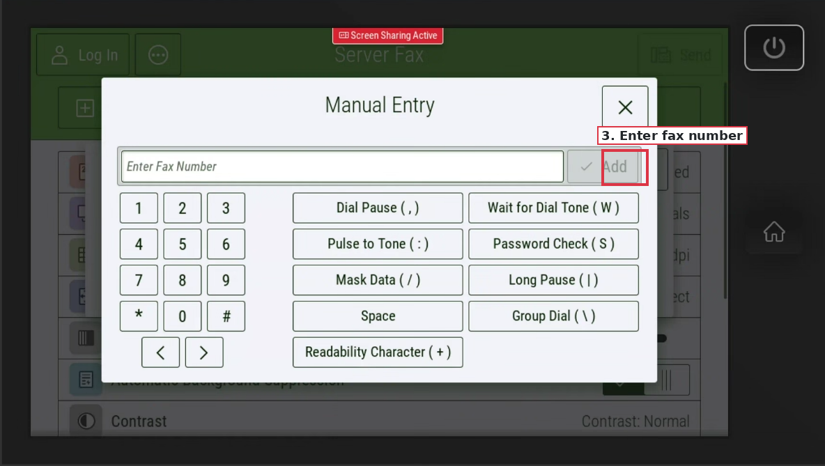 Enter fax number on Xerox MFP