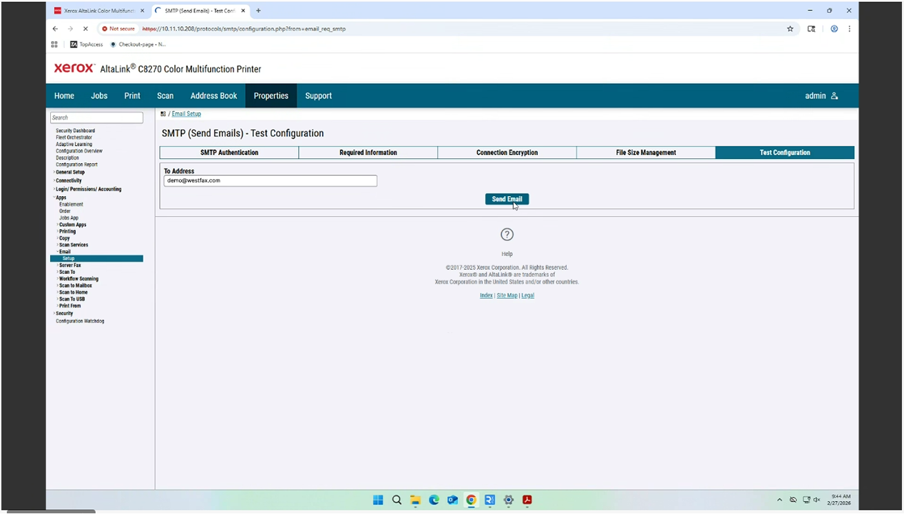 Test Xerox SMTP configuration