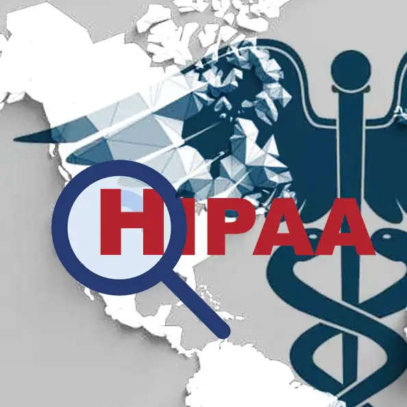 HIPAA Image if western hemisphere map with a magnifying glass magnifying the H in HIPAA