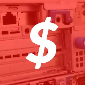 Dollar sign over top of reddish hued fax hardware