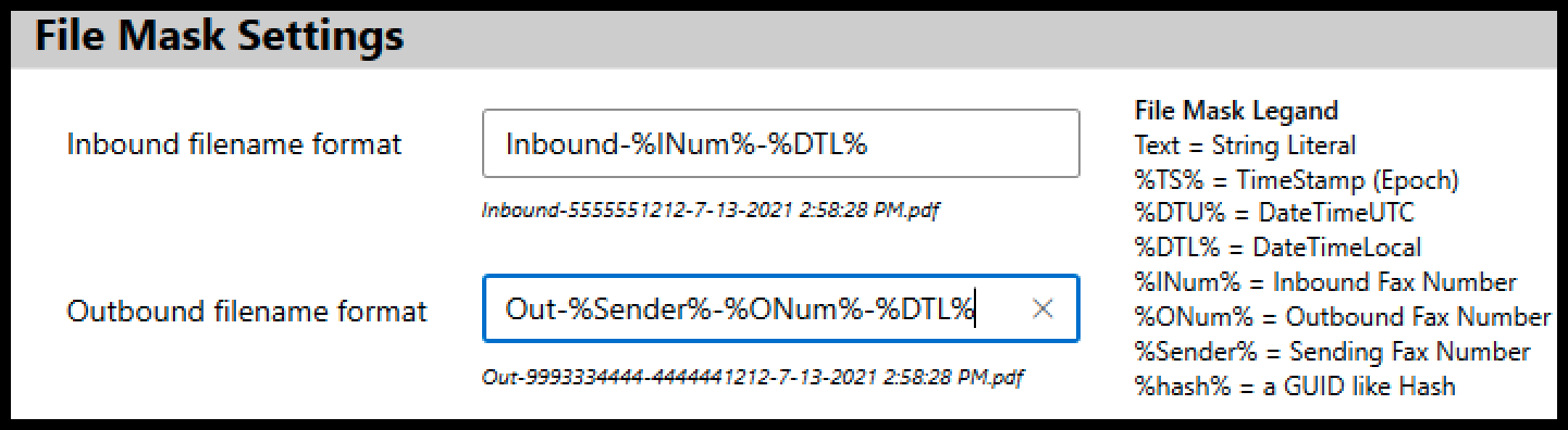 FaxDrive Filemask panel