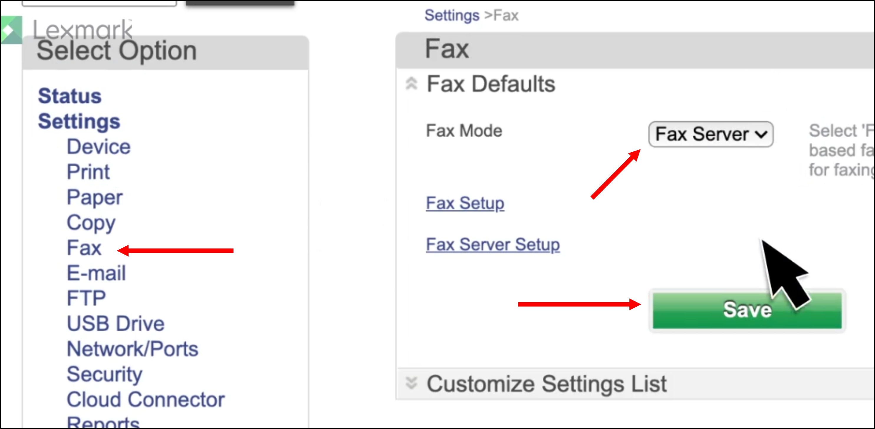 Lexmark Fax Setup page