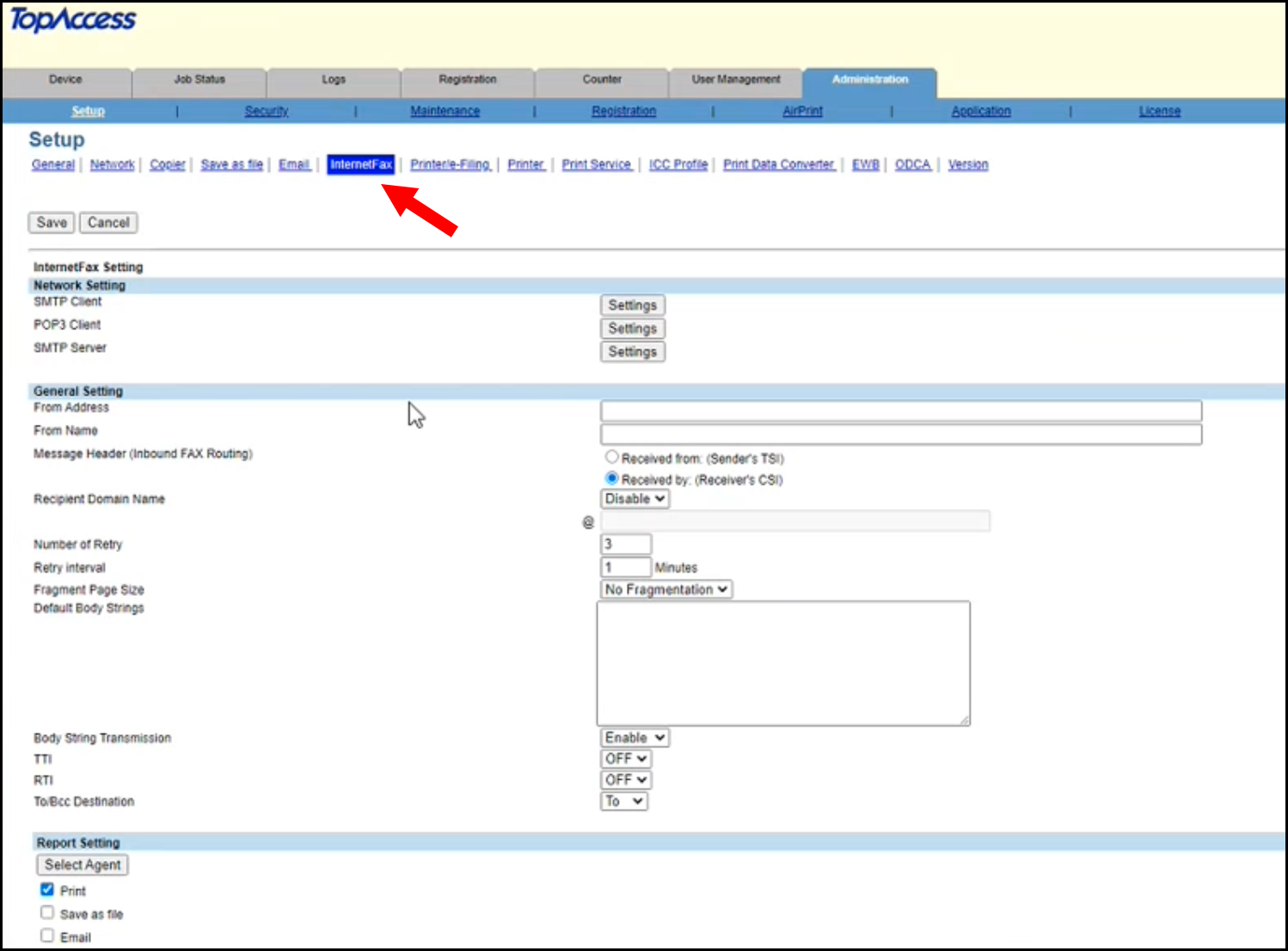 Setup Email to Fax settings - Toshiba MFP Fax Settings Page