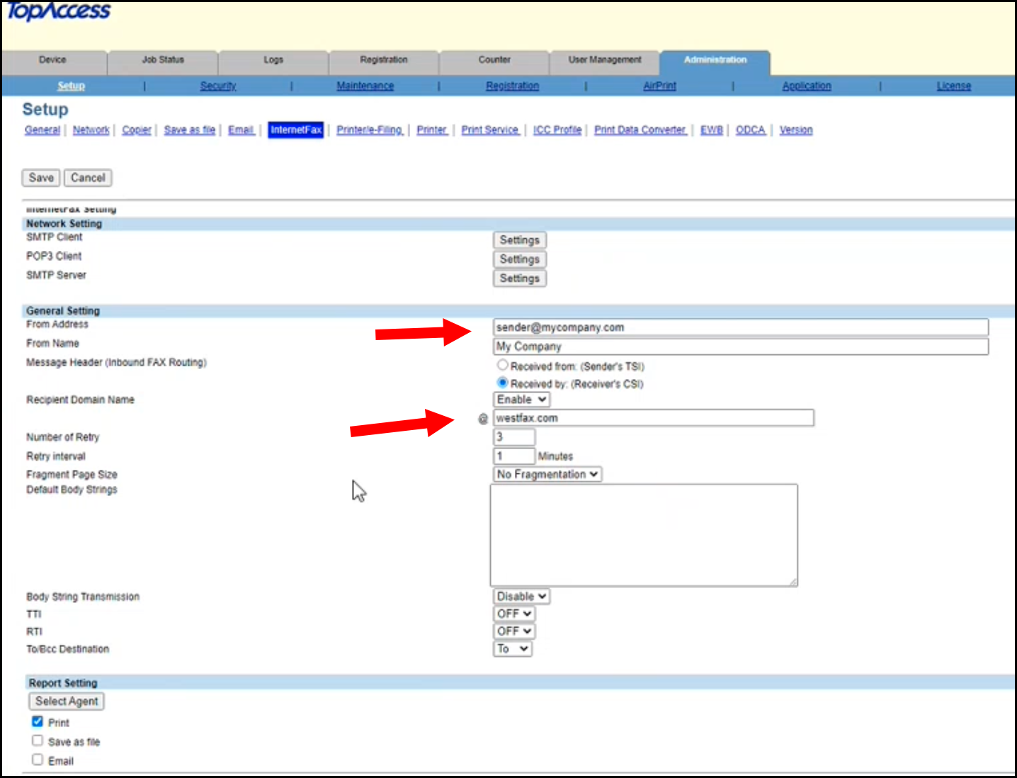 Setup Email to Fax settings - Toshiba MFP Fax SMTP Domain Name