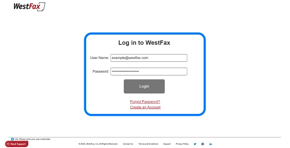 WestFax login screen showing a user entering their email and password to sign in to their account.