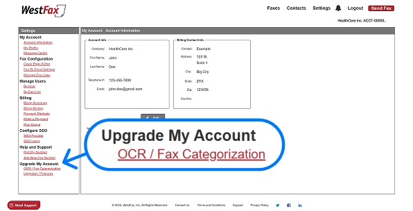 WestFax settings screen with the “Upgrade My Account – OCR / Fax Categorization” option highlighted to show where to enable the OCR and categorization feature.