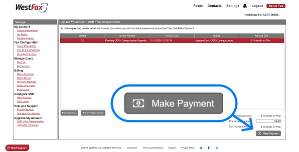 WestFax payment screen highlighting the grey “Make Payment” button used to activate the OCR / Fax Categorization feature.